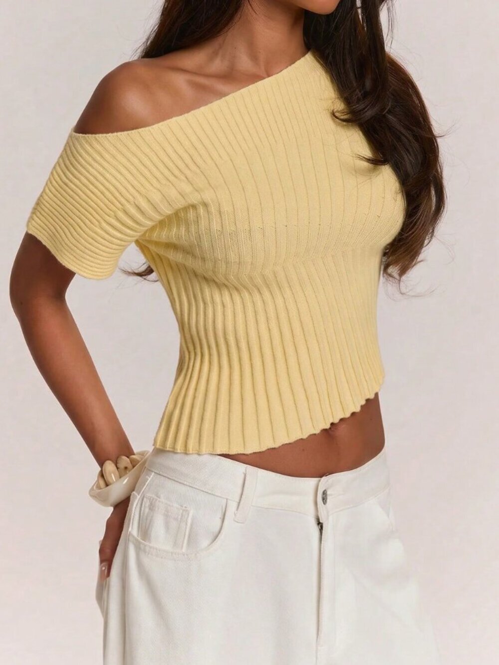 Yellow Casual Women's Asymmetrical Cropped Knit Top - Picture 6 of 7